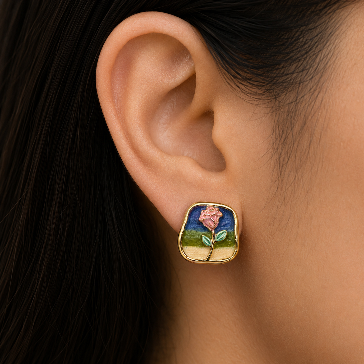 Vintage Rose Landscape Enamel Stud Earrings for Women | Artistic Floral Gold Tone Earrings