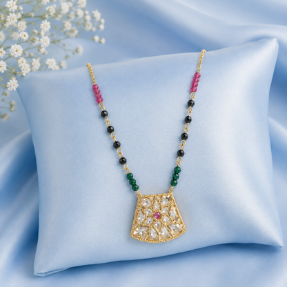 Dual-Sided Floral Pendant Mangalsutra Necklace Set with Stud Earrings