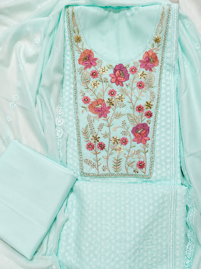 Mint Green Floral Embroidered Unstitched Suit Set with Designer Dupatta