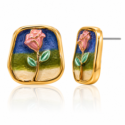 Vintage Rose Landscape Enamel Stud Earrings for Women | Artistic Floral Gold Tone Earrings