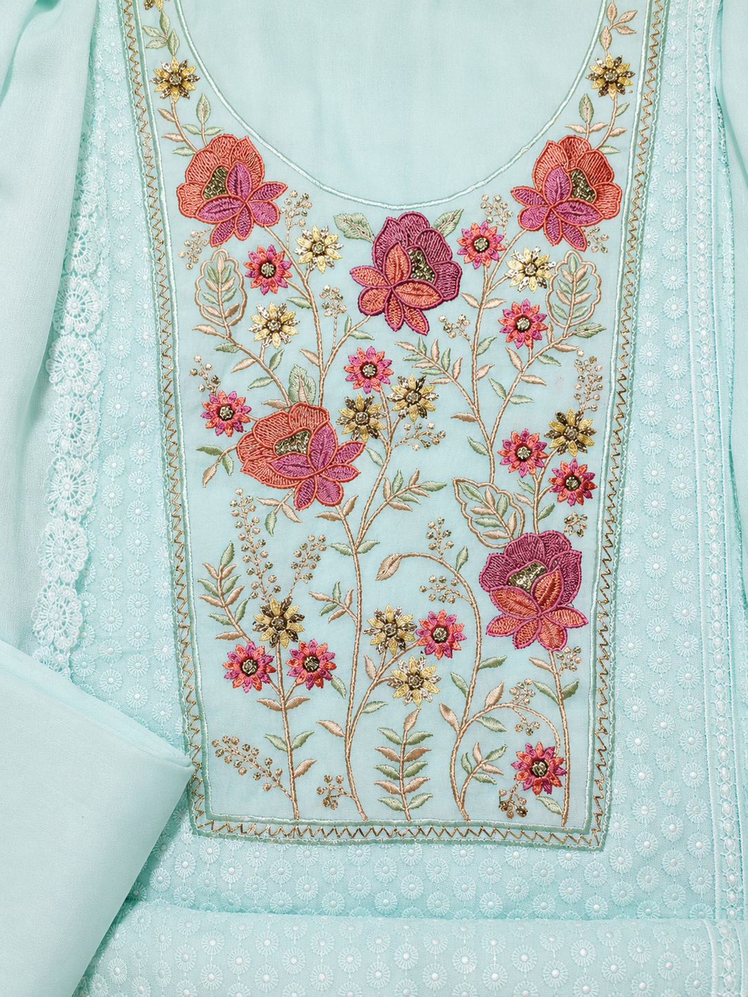 Mint Green Floral Embroidered Unstitched Suit Set with Designer Dupatta