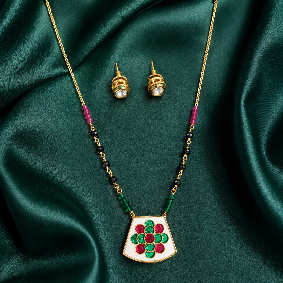 Dual-Sided Floral Pendant Mangalsutra Necklace Set with Stud Earrings