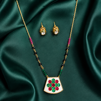 Dual-Sided Floral Pendant Mangalsutra Necklace Set with Stud Earrings