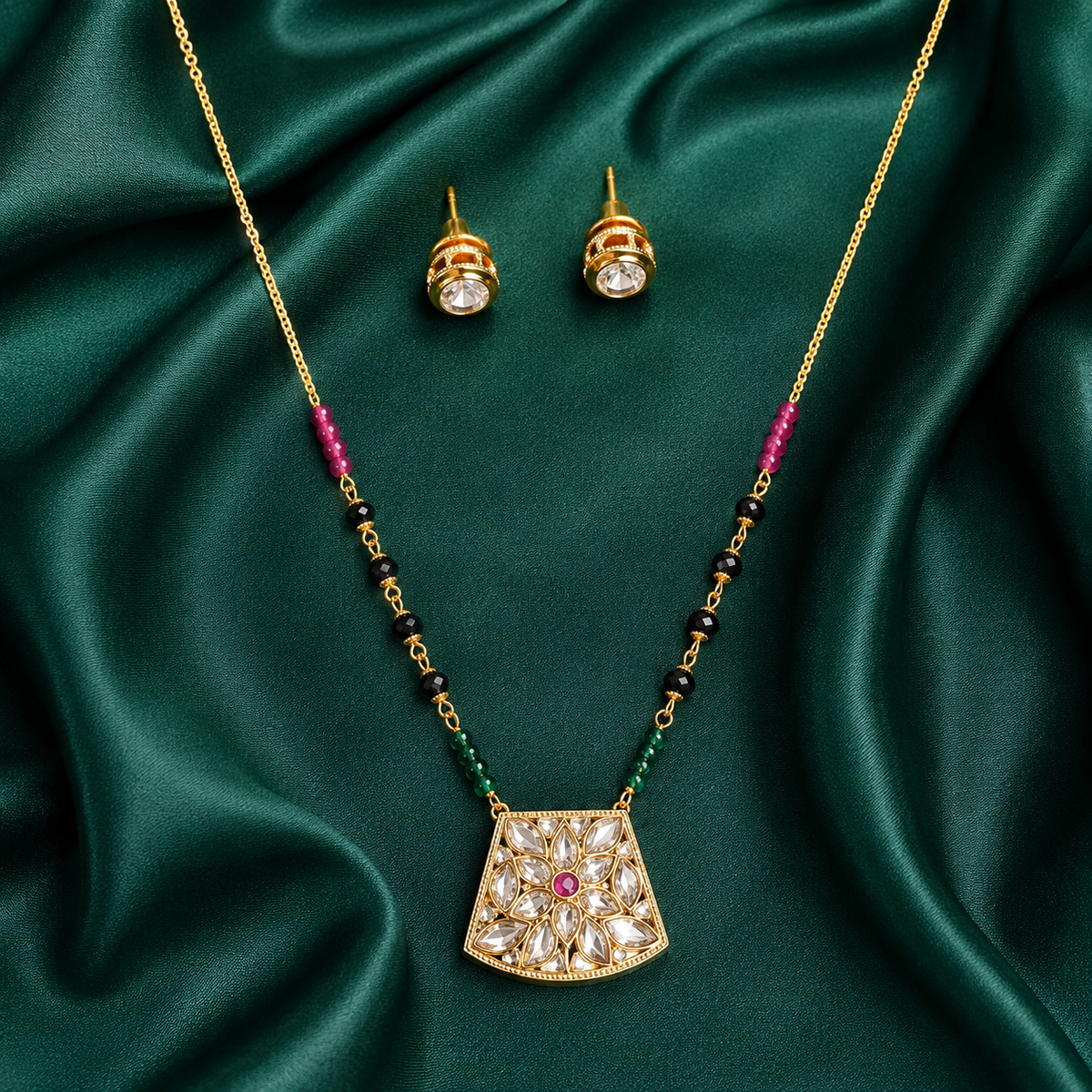 Dual-Sided Floral Pendant Mangalsutra Necklace Set with Stud Earrings