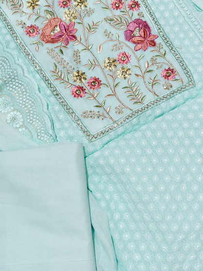 Mint Green Floral Embroidered Unstitched Suit Set with Designer Dupatta