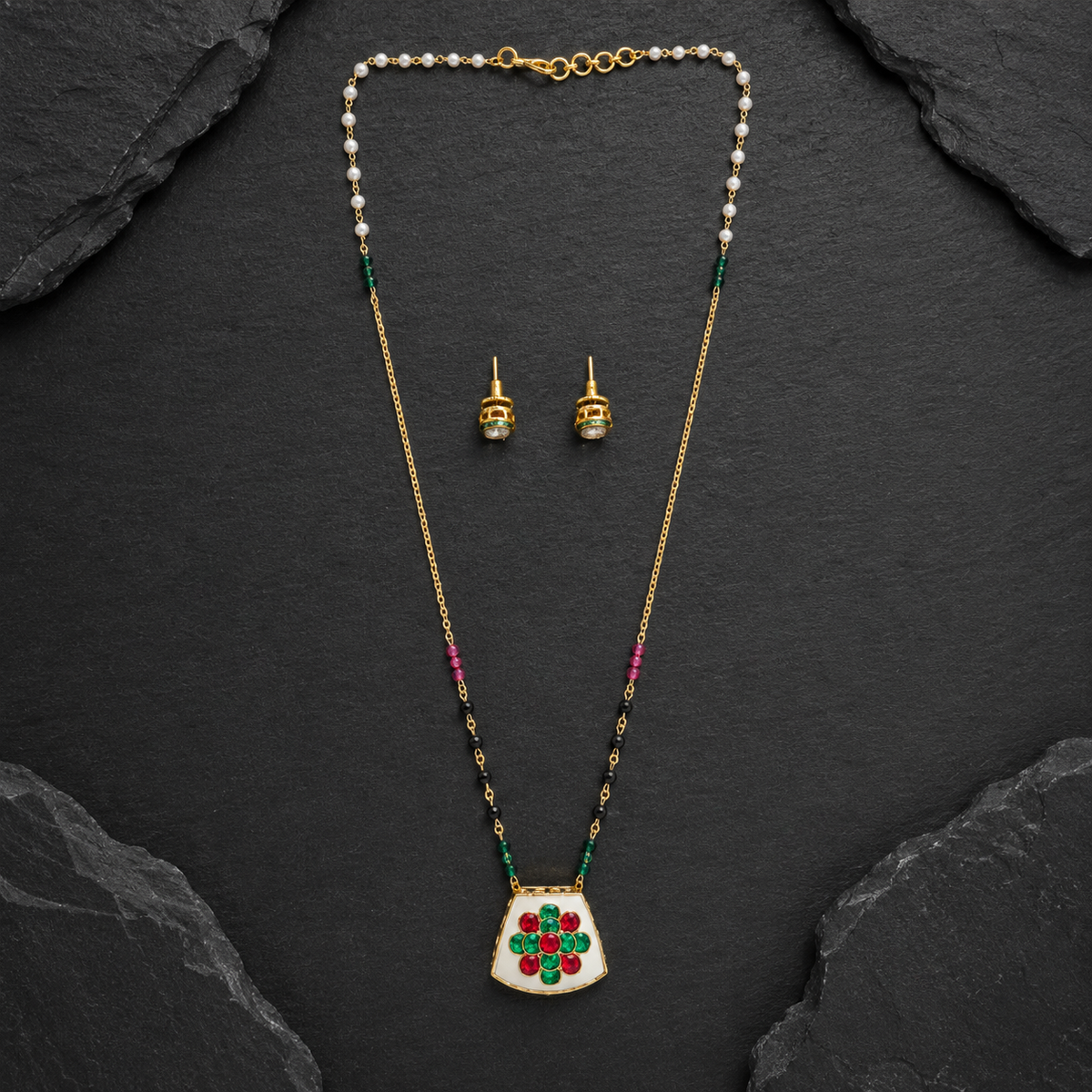 Dual-Sided Floral Pendant Mangalsutra Necklace Set with Stud Earrings
