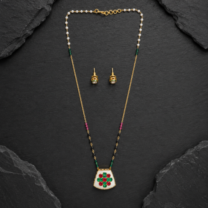 Dual-Sided Floral Pendant Mangalsutra Necklace Set with Stud Earrings