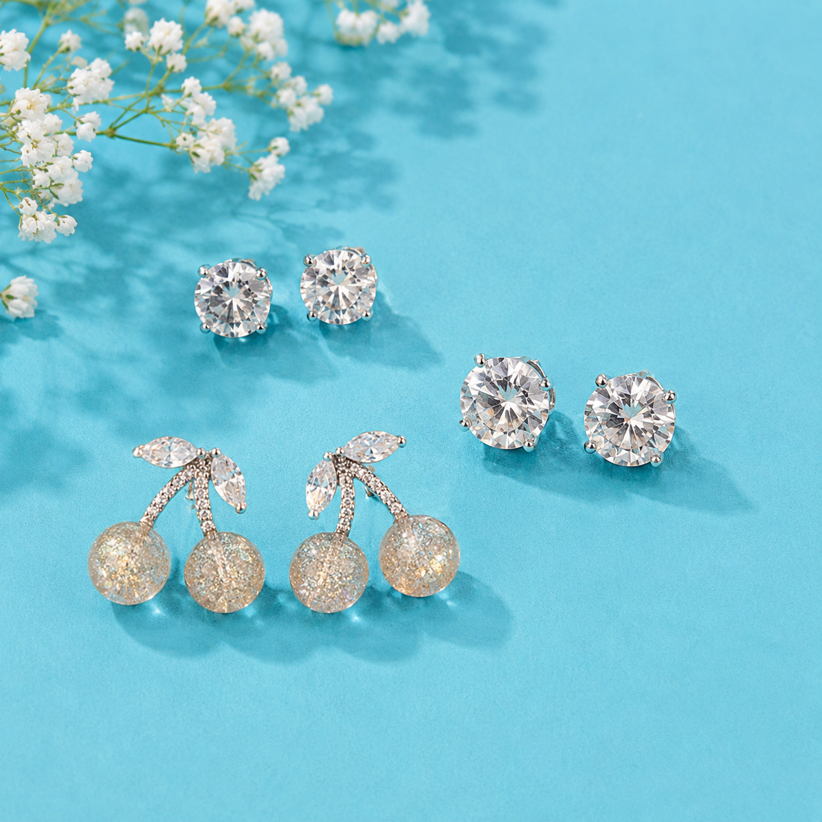 3 Pair Crystal Stud & Cherry Drop Earrings Set for Women | Silver Tone Fashion Jewellery Combo