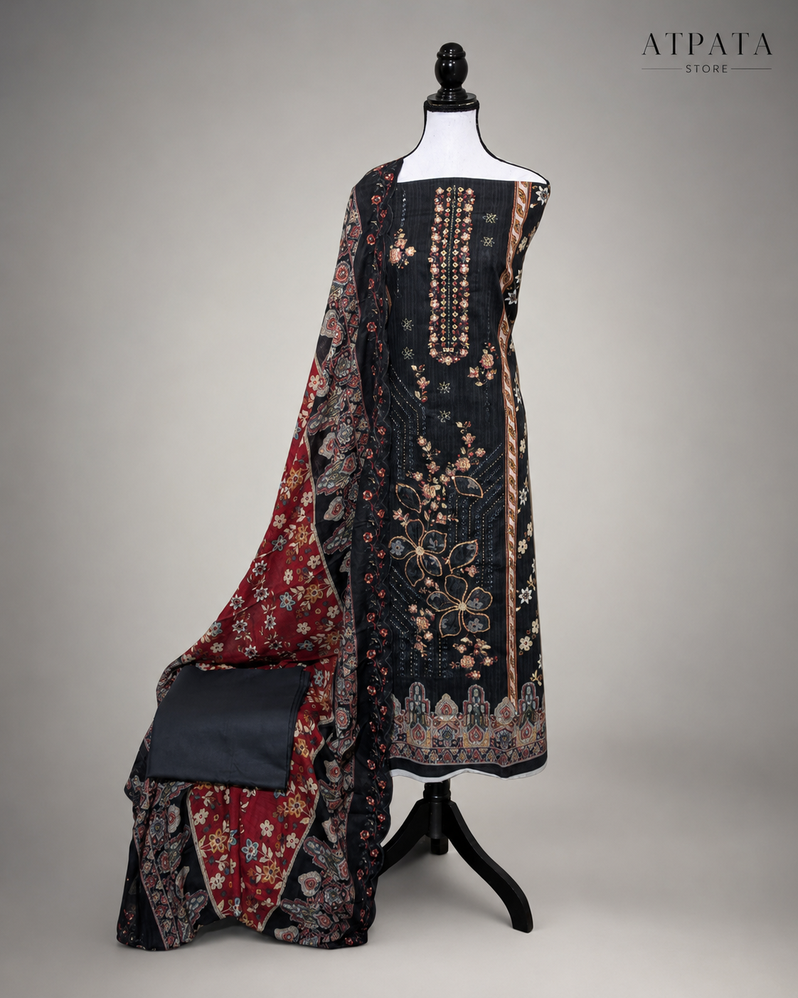 Midnight Black Floral Printed Unstitched Suit with Contrast Dupatta