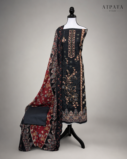 Midnight Black Floral Printed Unstitched Suit with Contrast Dupatta