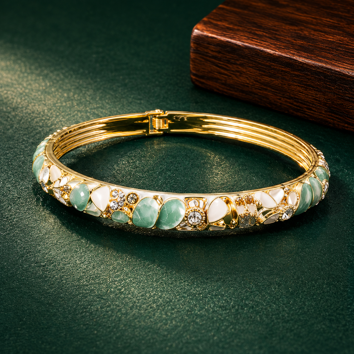 Mint Green & White Enamel Gold-Tone Hinged Bracelet for Women