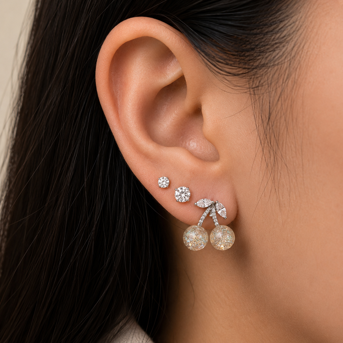 3 Pair Crystal Stud & Cherry Drop Earrings Set for Women | Silver Tone Fashion Jewellery Combo