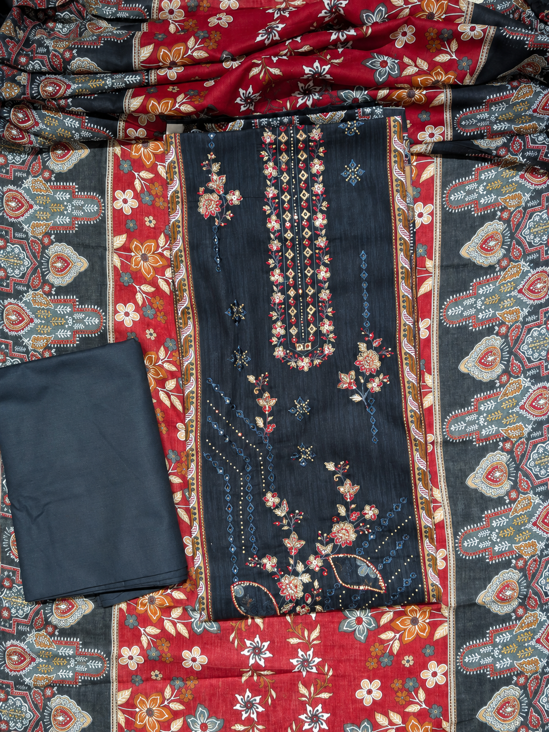 Midnight Black Floral Printed Unstitched Suit with Contrast Dupatta