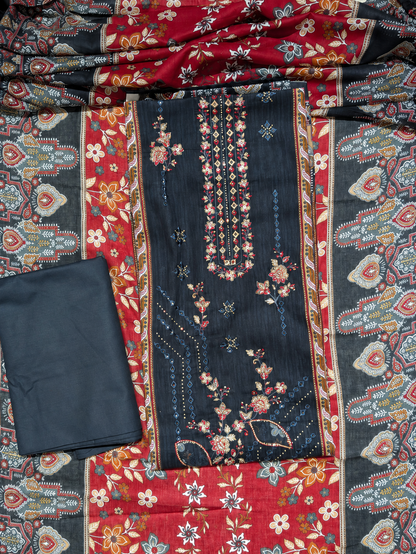 Midnight Black Floral Printed Unstitched Suit with Contrast Dupatta