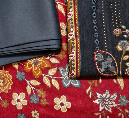Midnight Black Floral Printed Unstitched Suit with Contrast Dupatta