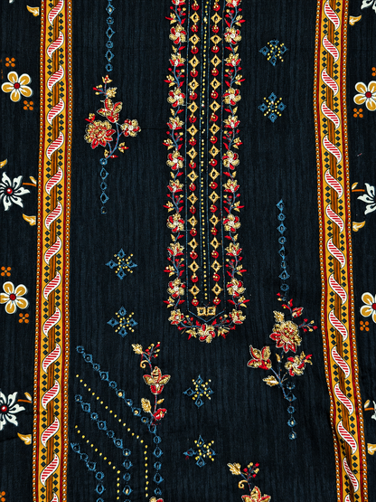 Midnight Black Floral Printed Unstitched Suit with Contrast Dupatta