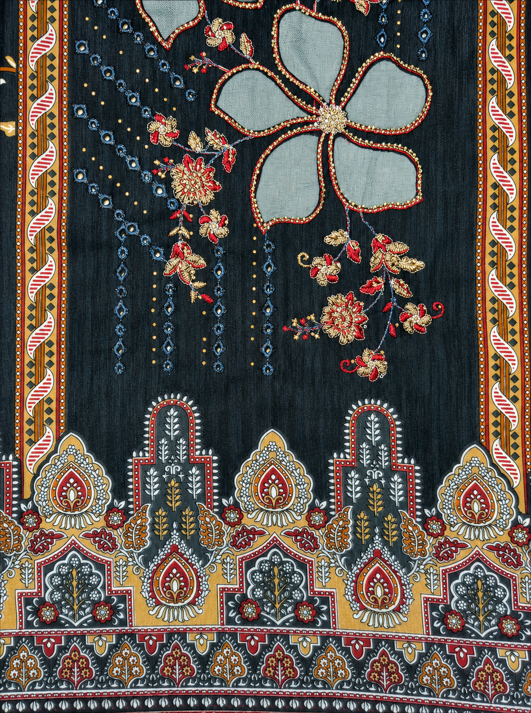 Midnight Black Floral Printed Unstitched Suit with Contrast Dupatta