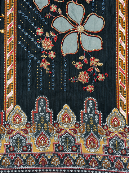 Midnight Black Floral Printed Unstitched Suit with Contrast Dupatta