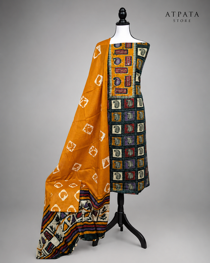 Mustard Yellow Batik Print Unstitched Cotton Suit with Artistic Paisley Panel & Printed Dupatta
