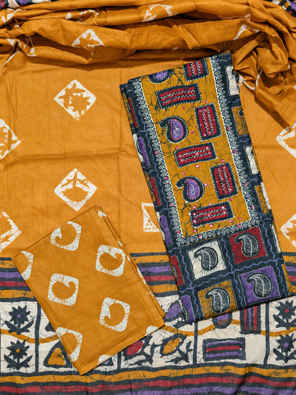 Mustard Yellow Batik Print Unstitched Cotton Suit with Artistic Paisley Panel & Printed Dupatta
