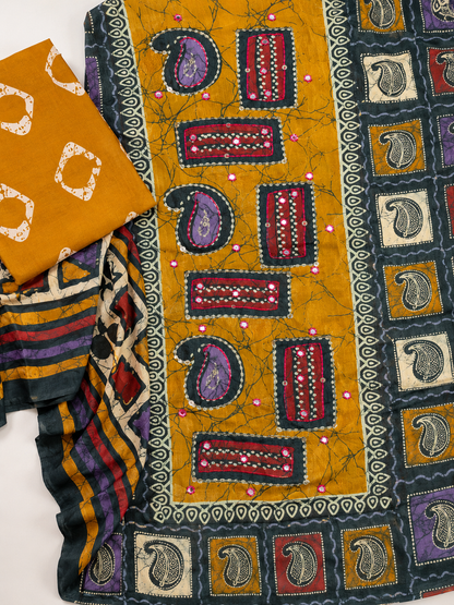 Mustard Yellow Batik Print Unstitched Cotton Suit with Artistic Paisley Panel & Printed Dupatta