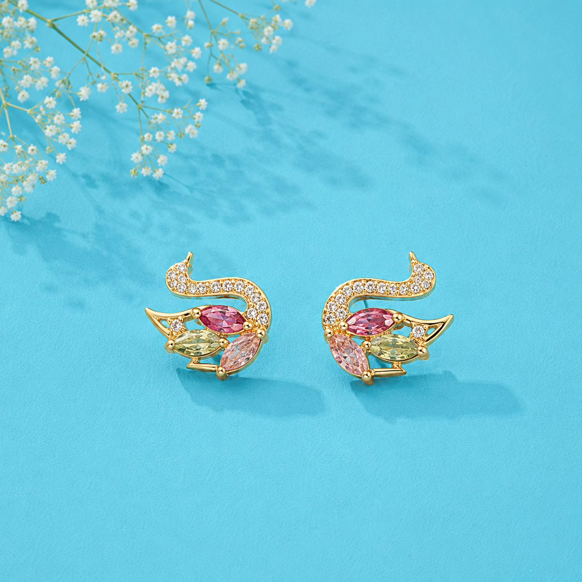 Elegant Swan Crystal Stud Earrings for Women | Gold Tone Multicolor Gemstone Earrings