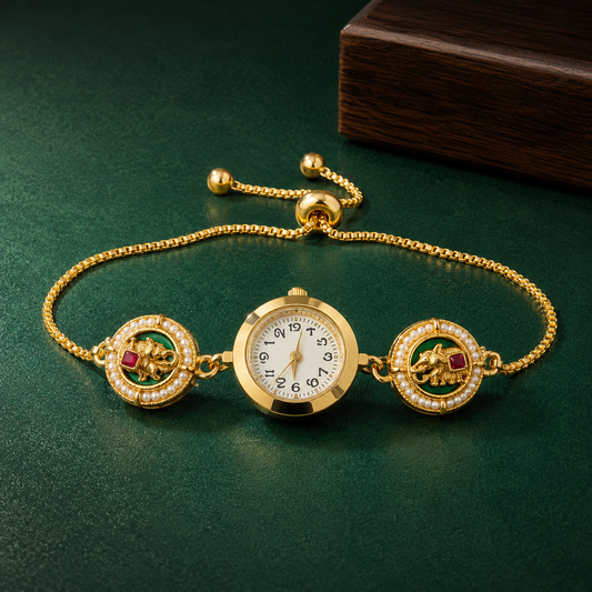 Traditional Kashmiri Design Gold-Tone Adjustable Bracelet Watch for Women