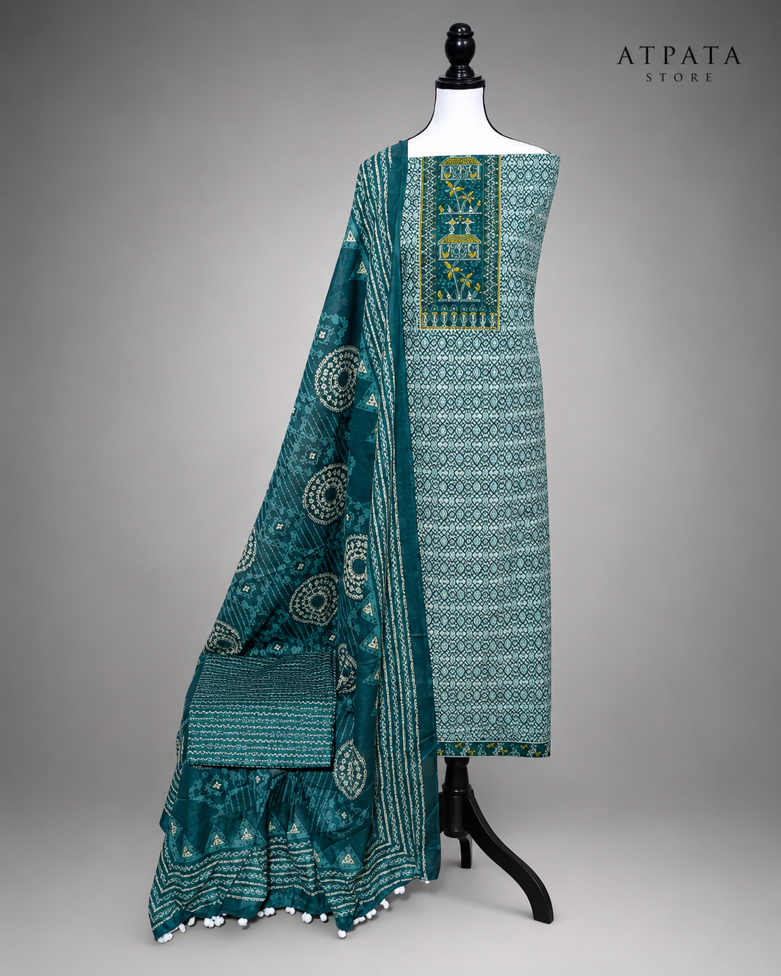 Teal Blue Printed Unstitched Cotton Suit with Traditional Panel Print & Designer Dupatta