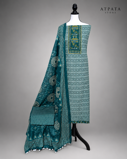 Teal Blue Printed Unstitched Cotton Suit with Traditional Panel Print & Designer Dupatta