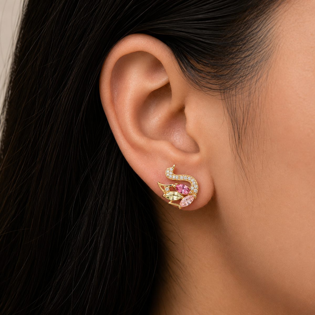 Elegant Swan Crystal Stud Earrings for Women | Gold Tone Multicolor Gemstone Earrings