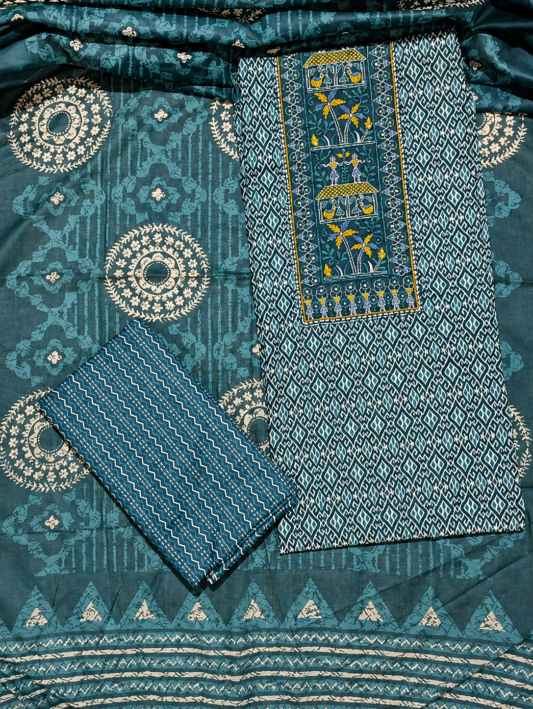 Teal Blue Printed Unstitched Cotton Suit with Traditional Panel Print & Designer Dupatta