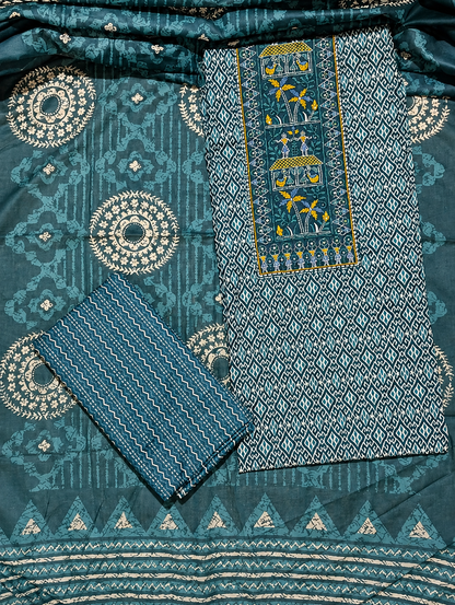 Teal Blue Printed Unstitched Cotton Suit with Traditional Panel Print & Designer Dupatta