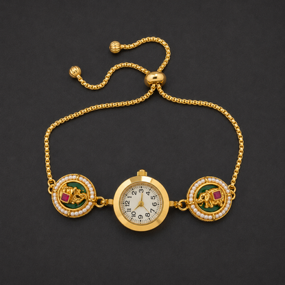 Traditional Kashmiri Design Gold-Tone Adjustable Bracelet Watch for Women