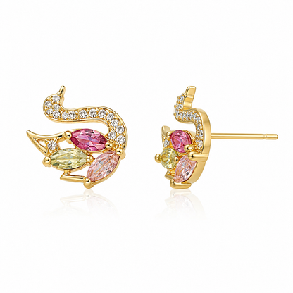 Elegant Swan Crystal Stud Earrings for Women | Gold Tone Multicolor Gemstone Earrings