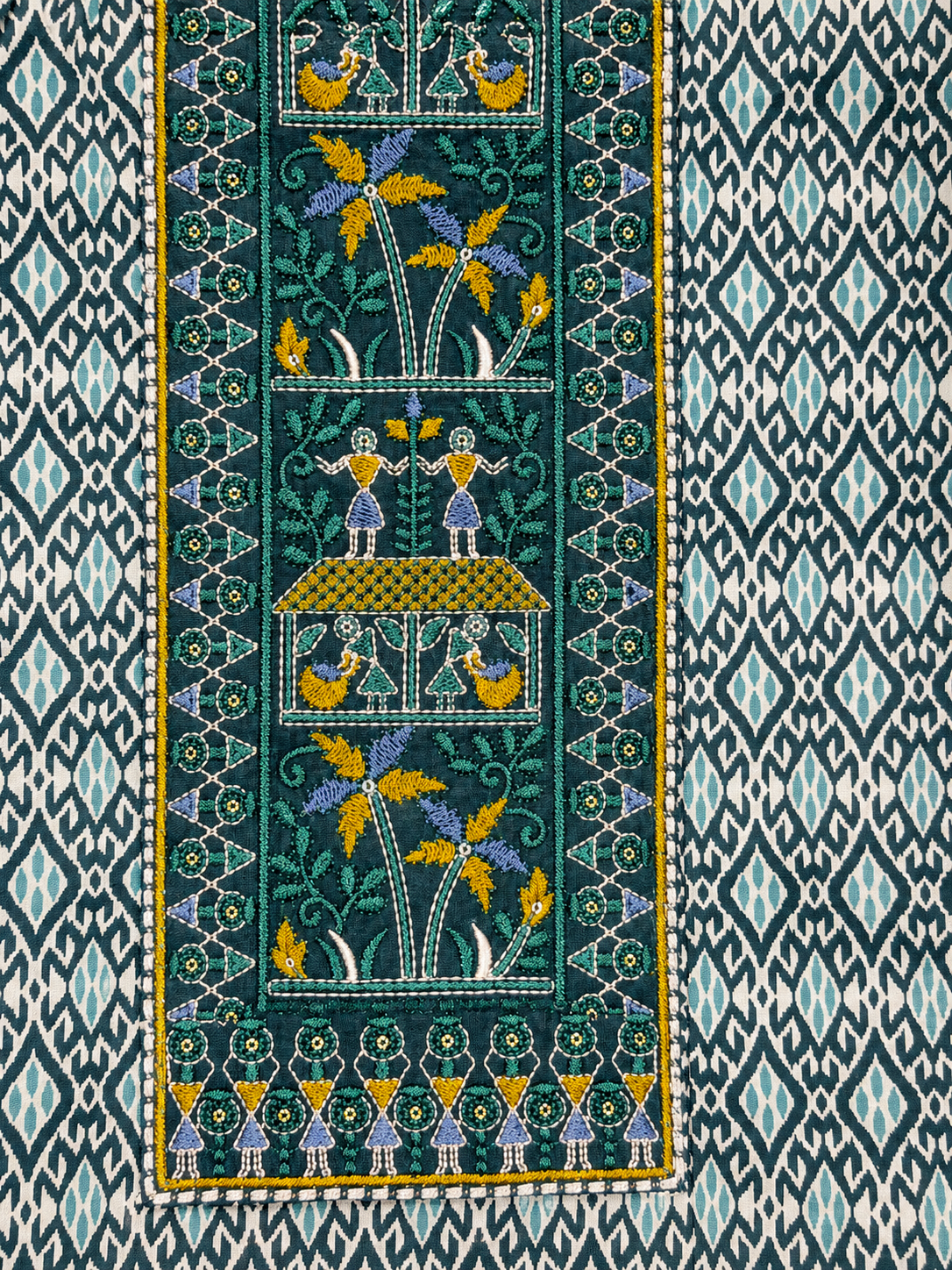 Teal Blue Printed Unstitched Cotton Suit with Traditional Panel Print & Designer Dupatta