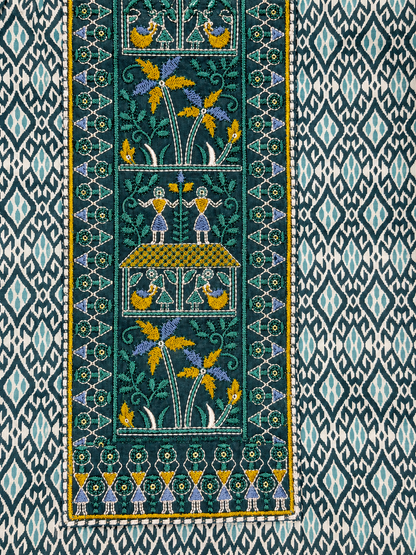 Teal Blue Printed Unstitched Cotton Suit with Traditional Panel Print & Designer Dupatta