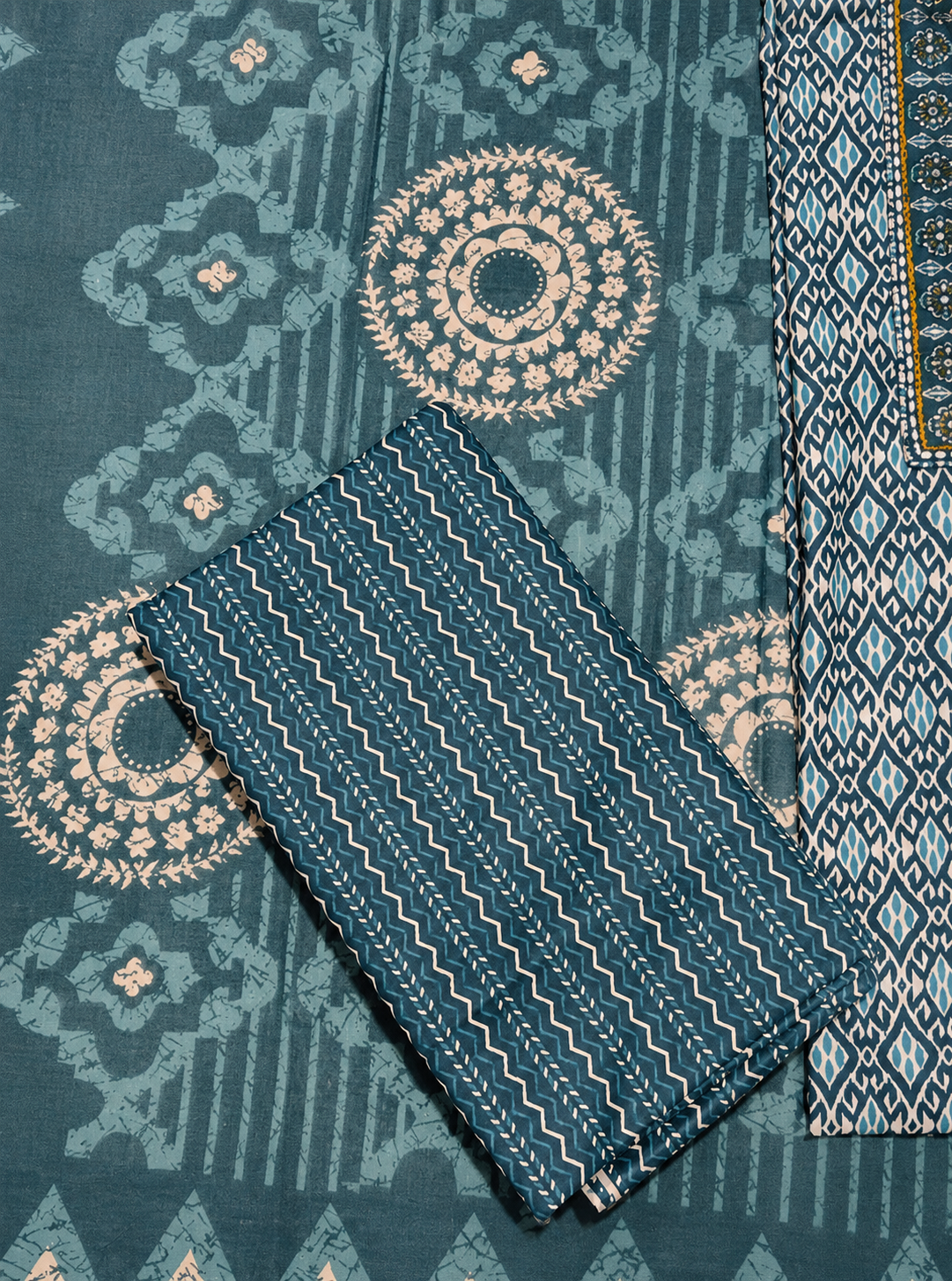 Teal Blue Printed Unstitched Cotton Suit with Traditional Panel Print & Designer Dupatta