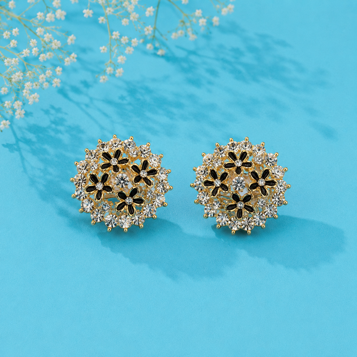 Vintage Black Floral Crystal Stud Earrings for Women | Gold Tone Statement Earrings