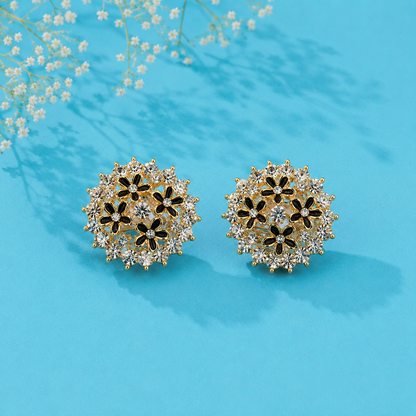 Vintage Black Floral Crystal Stud Earrings for Women | Gold Tone Statement Earrings