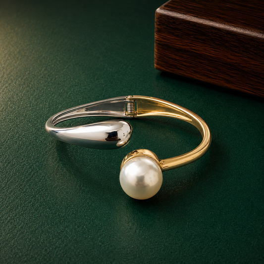 Dual-Tone Pearl Accent Hinged Bracelet for Women