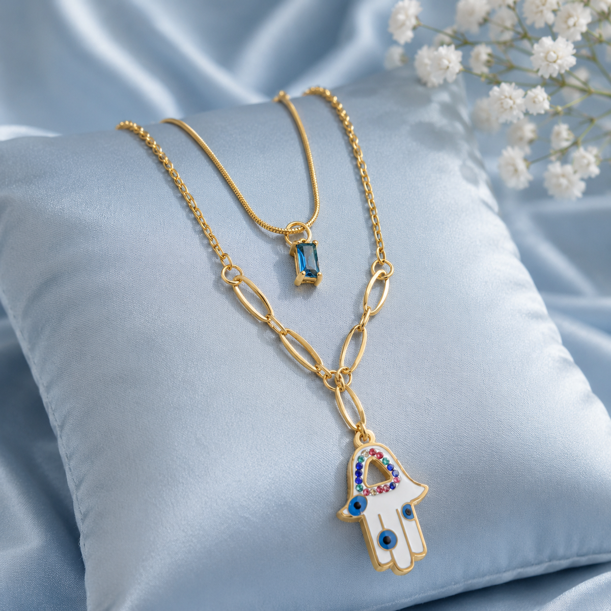 Golden Hamsa Hand Evil Eye Layered Pendant Necklace