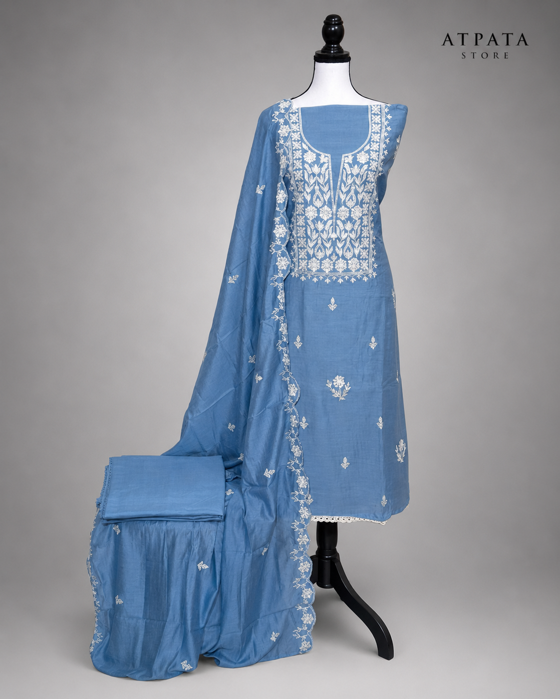 Sky Blue Embroidered Unstitched Cotton Suit with Chikankari-Inspired Floral Work & Matching Dupatta