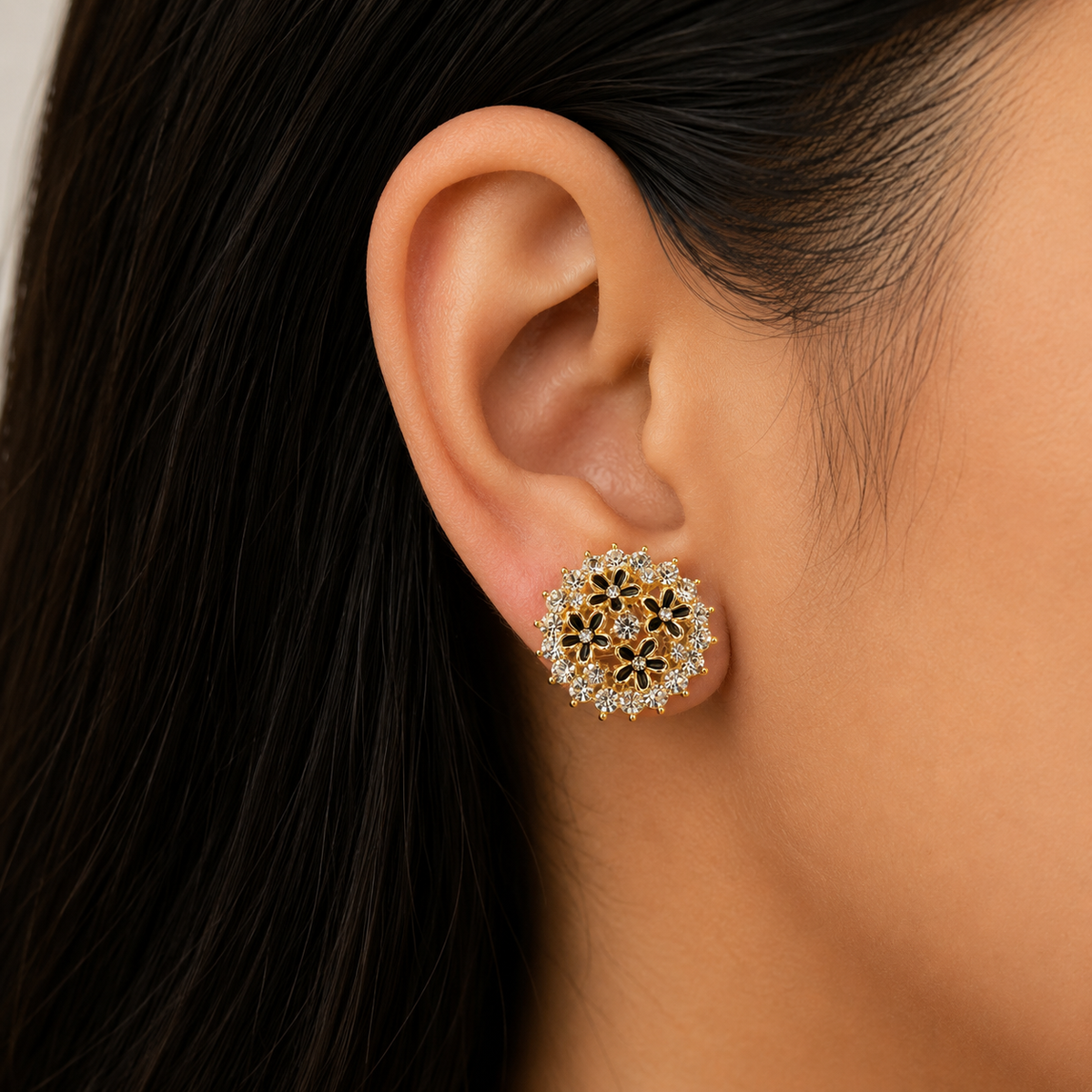 Vintage Black Floral Crystal Stud Earrings for Women | Gold Tone Statement Earrings