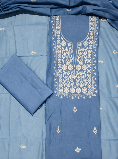 Sky Blue Embroidered Unstitched Cotton Suit with Chikankari-Inspired Floral Work & Matching Dupatta