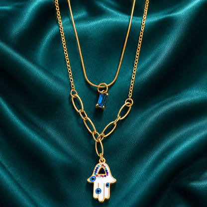 Golden Hamsa Hand Evil Eye Layered Pendant Necklace