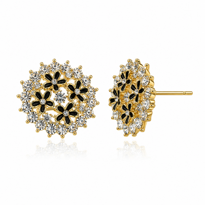Vintage Black Floral Crystal Stud Earrings for Women | Gold Tone Statement Earrings