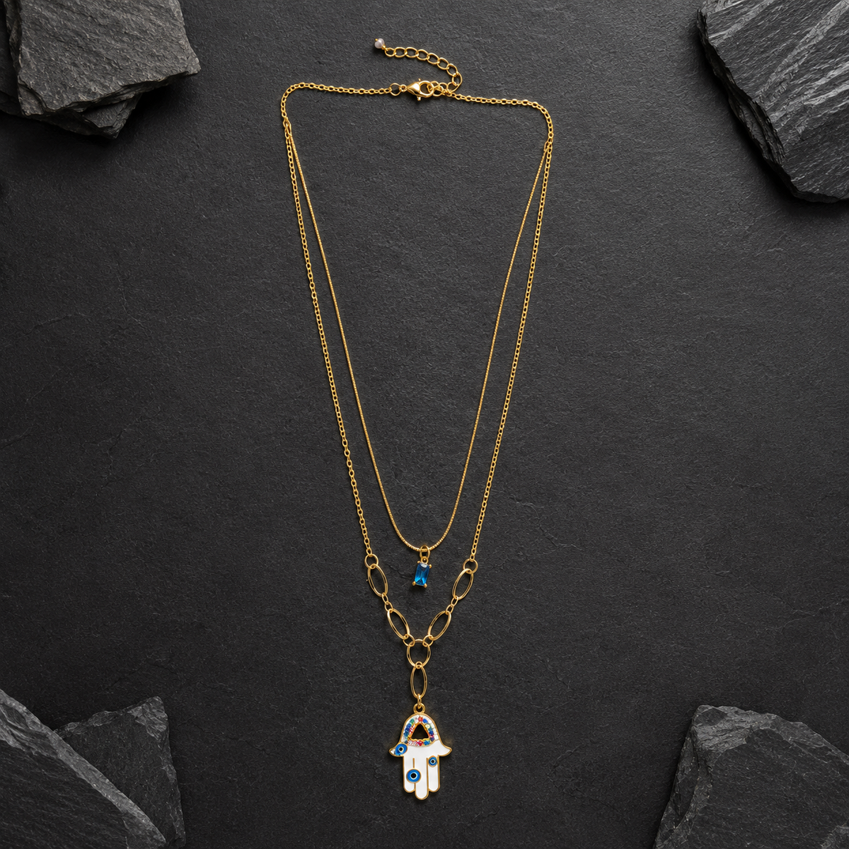 Golden Hamsa Hand Evil Eye Layered Pendant Necklace
