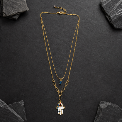 Golden Hamsa Hand Evil Eye Layered Pendant Necklace
