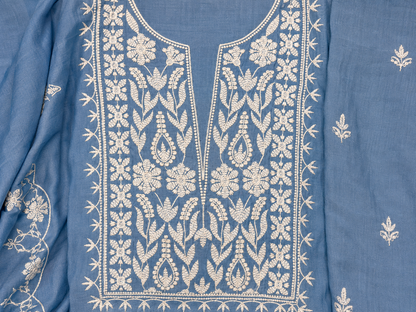 Sky Blue Embroidered Unstitched Cotton Suit with Chikankari-Inspired Floral Work & Matching Dupatta