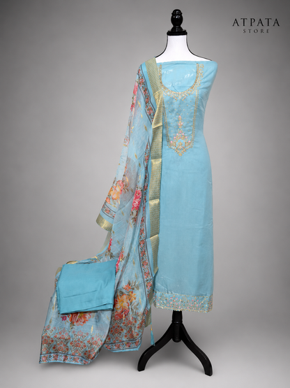 Powder Blue Embroidered Unstitched Suit with Floral Printed Dupatta & Sequin Border Work